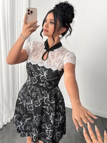 Elenzga Fashion Casual French Vintage Elegant Commuter New Chinese Style Frog Button Stand Collar Lace Patchwork Printed Dress - Black - View 7