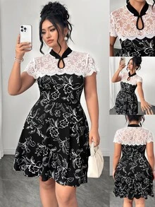 Elenzga Fashion Casual French Vintage Elegant Commuter New Chinese Style Frog Button Stand Collar Lace Patchwork Printed Dress - Black - View 8