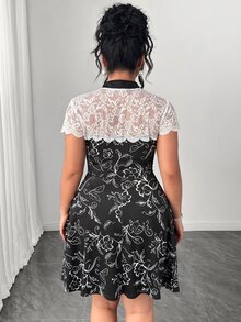 Elenzga Fashion Casual French Vintage Elegant Commuter New Chinese Style Frog Button Stand Collar Lace Patchwork Printed Dress - Black - View 2
