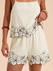 Travachic Vacation Casual Tropical Boho Floral Embroidered Camisole Shorts 2 Pieces Set Beach Vacation Black And White Checkered Summer - Apricot - View 4