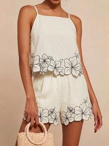 Travachic Vacation Casual Tropical Boho Floral Embroidered Camisole Shorts 2 Pieces Set Beach Vacation Black And White Checkered Summer - Apricot - View 1