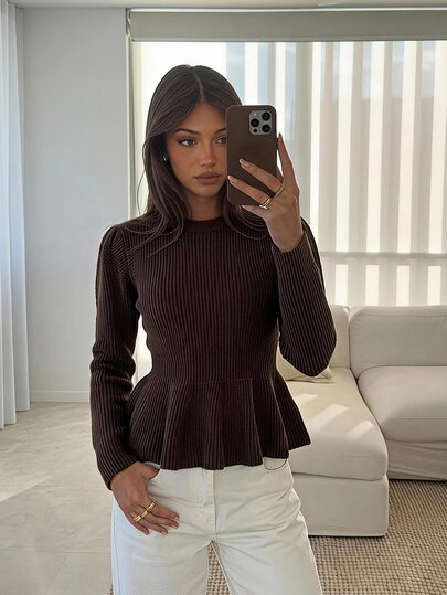 Siren Gaze Fall Women's Elegant Coffee Brown Autumn Crew Neck Long Sleeve Fitted Ruched Shoulder Top Business Casual Office Wear Knitted Sweater Peplum A-Line