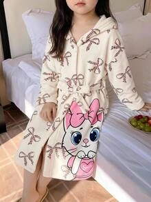 SHEIN 女童秋冬保暖內裡加厚甜美卡通印花豹紋蝴蝶結睡衣 - 淺粉色 - 查看 1