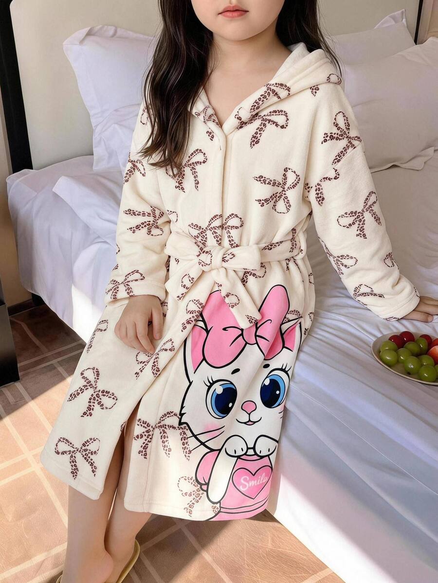 SHEIN 女童秋冬保暖內裡加厚甜美卡通印花豹紋蝴蝶結睡衣 - 淺粉色 - 查看 1