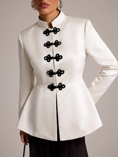 SHEIN BAE White Satin Blazer For Women Slim Fit Colorblock Black Frog Button Fall Elegant Office Holiday Party Thanksgiving Date Night Outfit