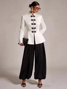 SHEIN BAE White Satin Blazer For Women Slim Fit Colorblock Black Frog Button Fall Elegant Office Holiday Party Thanksgiving Date Night Outfit - White - View 1