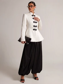 SHEIN BAE White Satin Blazer For Women Slim Fit Colorblock Black Frog Button Fall Elegant Office Holiday Party Thanksgiving Date Night Outfit - White - View 6