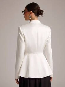 SHEIN BAE White Satin Blazer For Women Slim Fit Colorblock Black Frog Button Fall Elegant Office Holiday Party Thanksgiving Date Night Outfit - White - View 2