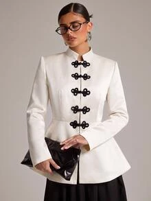 SHEIN BAE White Satin Blazer For Women Slim Fit Colorblock Black Frog Button Fall Elegant Office Holiday Party Thanksgiving Date Night Outfit - White - View 4