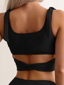 Swim Basics Women's Summer Beach Solid Color Casual Tankini Swimsuit - Black - View 3
