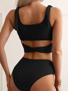 Swim Basics Women's Summer Beach Solid Color Casual Tankini Swimsuit - Black - View 2