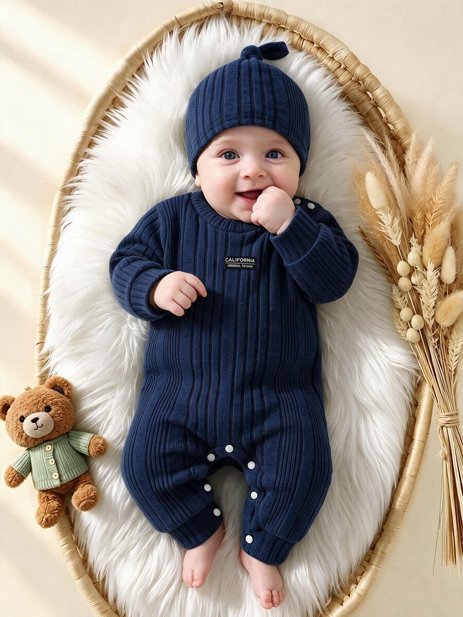 SHEIN 2pcs Newborn Baby Unisex Jumpsuit Everyday Casual Dark Blue Ribbed Knit Letter Patch Long Sleeve Crew Neck Regular Autumn Winter Infant Romper Cozy