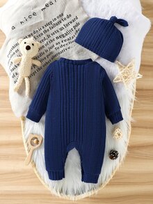 SHEIN 2pcs Newborn Baby Unisex Jumpsuit Everyday Casual Dark Blue Ribbed Knit Letter Patch Long Sleeve Crew Neck Regular Autumn Winter Infant Romper Cozy - Royal Blue - View 3