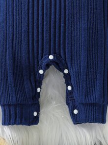 SHEIN 2pcs Newborn Baby Unisex Jumpsuit Everyday Casual Dark Blue Ribbed Knit Letter Patch Long Sleeve Crew Neck Regular Autumn Winter Infant Romper Cozy - Royal Blue - View 9