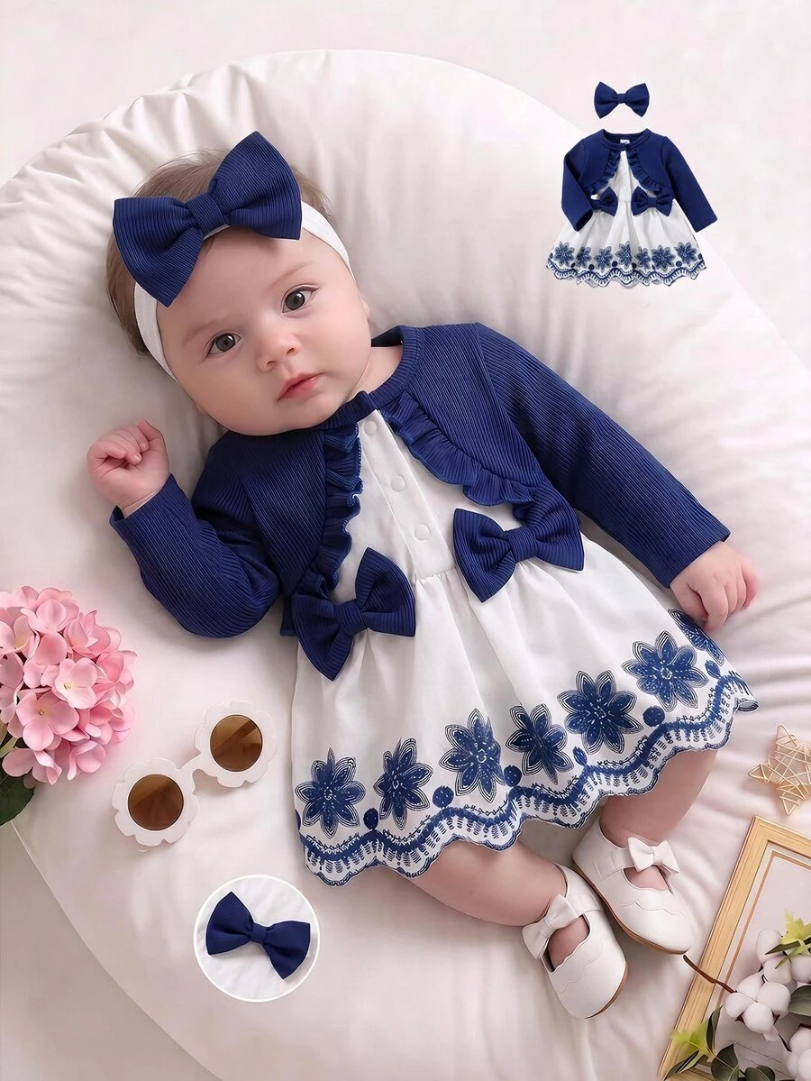 SHEIN 3pcs Baby Girls Dress Cardigan Set Elegant Navy Blue White Bow Ruffle Floral Embroidery Long Sleeve Round Neck Regular Wedding Party Fall Holiday Chic - Blue - View 1
