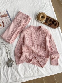 SHEIN Genkimix Kids 女童秋冬休閒純色針織套衫與長褲套裝 - 彩色 - 查看 4