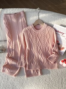 SHEIN Genkimix Kids 女童秋冬休閒純色針織套衫與長褲套裝 - 彩色 - 查看 5