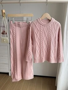 SHEIN Genkimix Kids 女童秋冬休閒純色針織套衫與長褲套裝 - 彩色 - 查看 6