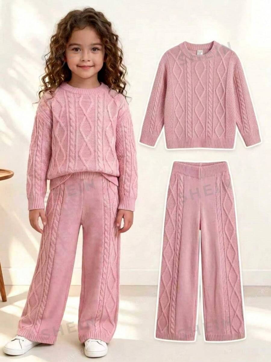 SHEIN Genkimix Kids 女童秋冬休閒純色針織套衫與長褲套裝