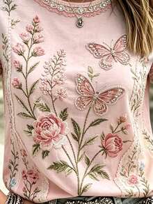 Breezaya Boho Pink Floral Butterfly Print Crew Neck Short Sleeve Tee Vintage Rose Pattern Casual Summer Tops - Multicolor - View 3