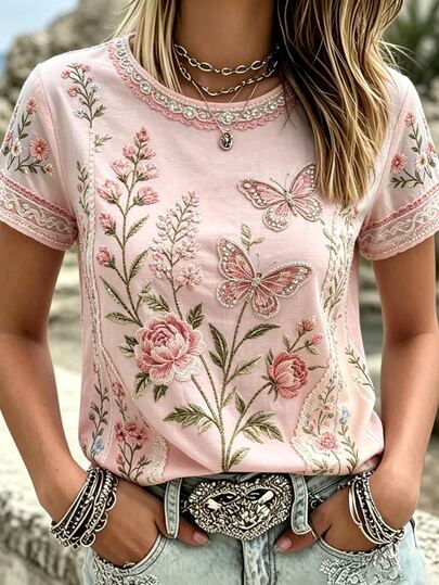 Breezaya Boho Pink Floral Butterfly Print Crew Neck Short Sleeve Tee Vintage Rose Pattern Casual Summer Tops