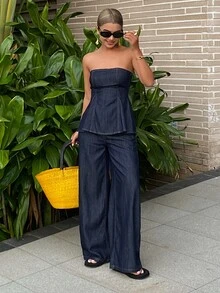 DAZY Women's Bustier Top With A-Line Hem And Loose Straight Leg Jeans Casual Suit Summer - Dark Wash - View 5