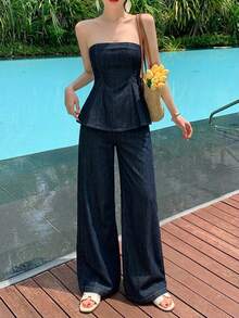 DAZY Women's Bustier Top With A-Line Hem And Loose Straight Leg Jeans Casual Suit Summer - Dark Wash - View 7