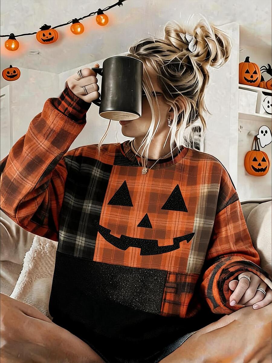 SHEIN LUNE Women's Plaid Pumpkin Face Halloween Pattern Sweatshirt, Suitable For Autumn/Winter - White - View 1
