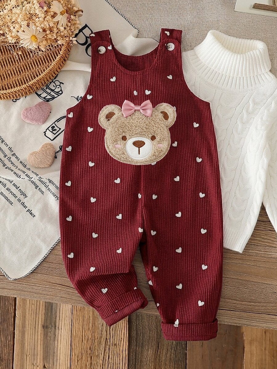 SHEIN 2件組幼兒女嬰連身褲毛衣套裝,可愛酒紅配色、白色熊蝴蝶結愛心圖案、燈芯絨長袖高領加厚羅紋,適合派對、秋季與節日穿著 - 紅色 - 查看 1