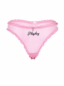 Missguided x Playboy Pink Mesh Thong With Ruffle Lace Trim Rhinestone Bunny Charm And Embroidered Logo Valentine Lingerie - Pink - View 1
