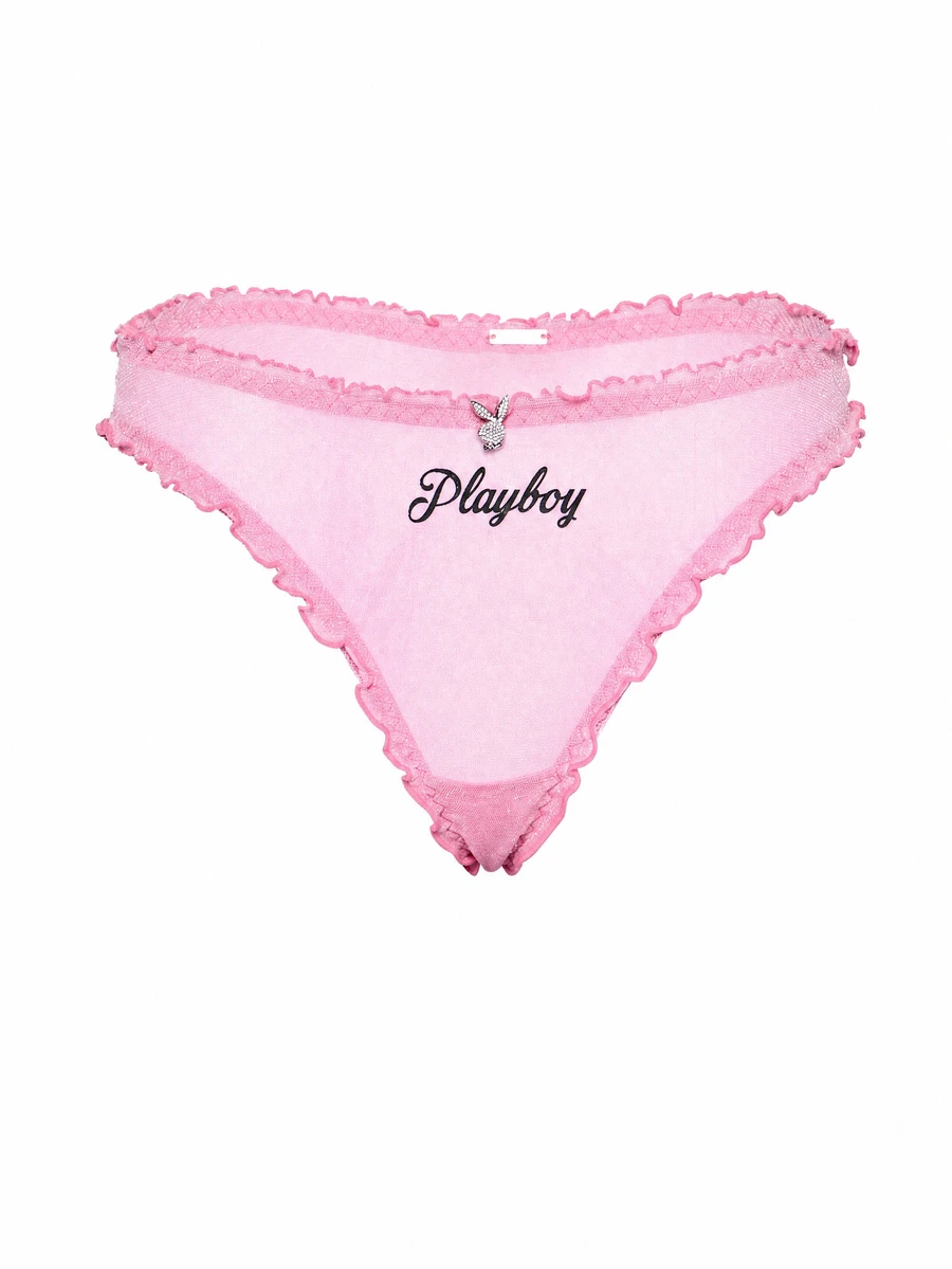 Missguided x Playboy Pink Mesh Thong With Ruffle Lace Trim Rhinestone Bunny Charm And Embroidered Logo Valentine Lingerie - Pink - View 1