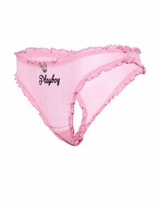 Missguided x Playboy Pink Mesh Thong With Ruffle Lace Trim Rhinestone Bunny Charm And Embroidered Logo Valentine Lingerie - Pink - View 3