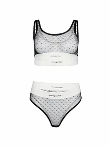 MISSGUIDED Conjunto de Sutiã de Tela e Tanga de Cintura Alta com Faixa de Logotipo e Sobreposição Transparente de Poá - Preto e Branco - Visão 1