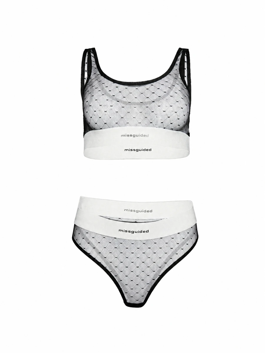 MISSGUIDED Conjunto de Sutiã de Tela e Tanga de Cintura Alta com Faixa de Logotipo e Sobreposição Transparente de Poá - Preto e Branco - Visão 1