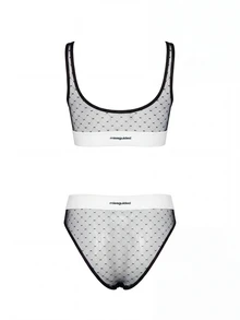 MISSGUIDED Conjunto de Sutiã de Tela e Tanga de Cintura Alta com Faixa de Logotipo e Sobreposição Transparente de Poá - Preto e Branco - Visão 2