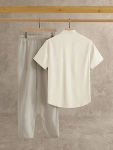 GETOML 2pcs/Set Men's Casual Shirt & Pants Set, 2 Piece Matching Vacation Set, Cozy Outfits - Apricot - View 3