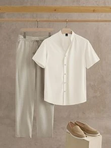 GETOML 2pcs/Set Men's Casual Shirt & Pants Set, 2 Piece Matching Vacation Set, Cozy Outfits - Apricot - View 2