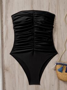 Swim Chiccia 女士纯色褶饰抹胸连体泳衣，海滩夏季服装 - 黑色 - 查看 4