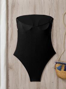 Swim Chiccia 女士纯色褶饰抹胸连体泳衣，海滩夏季服装 - 黑色 - 查看 5