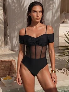 Swim Chiccia Women Contrast Fishbone Mesh Sheer Cold Shoulder Short Sleeve One-Piece Swimsuit, For Summer Beach Vacation - Black - View 1