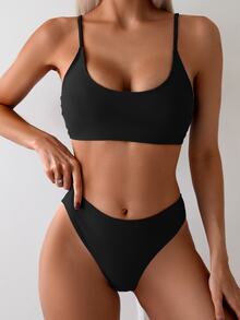 SHEIN Swim 女士夏季海滩纯色性感比基尼两件套泳衣套装，黑色泳衣 - 黑色 - 查看 7