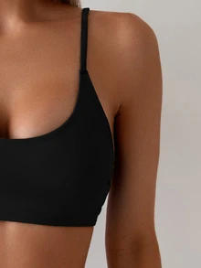 SHEIN Swim 女士夏季海滩纯色性感比基尼两件套泳衣套装，黑色泳衣 - 黑色 - 查看 6