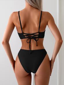 SHEIN Swim 女士夏季海滩纯色性感比基尼两件套泳衣套装，黑色泳衣 - 黑色 - 查看 5