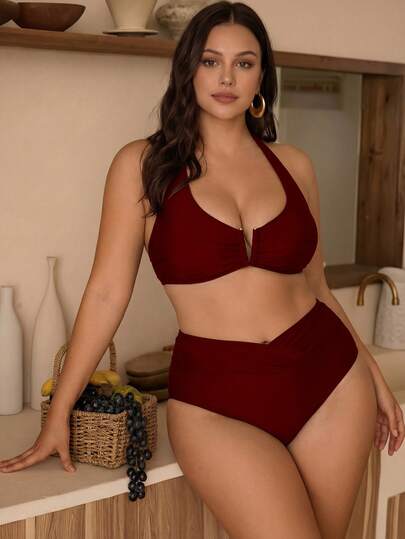 Swim Chiccia Set Bikini Seksi Leher V Dalam Warna Polos Musim Semi/Panas 2026 Terbaru, Pakaian Pantai