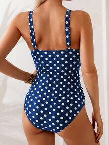 SHEIN Swim 女款圓點印花扭轉前胸連身泳衣 - 藏蓝色 - 查看 3