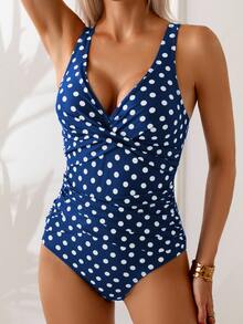 SHEIN Swim 女款圓點印花扭轉前胸連身泳衣 - 藏蓝色 - 查看 7