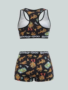 SCOOBY-DOO X SHEIN Set Pakaian Dalam Wanita Motif Huruf & Kartun, Bra Leher Bulat dan Celana Pendek, Set Boxer dan Bra 2 Potong, Set Pendek Wanita 2 Potong, Set 2 Potong Celana Pendek dan Atasan - Hitam - View 6