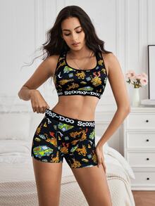 SCOOBY-DOO X SHEIN Set Pakaian Dalam Wanita Motif Huruf & Kartun, Bra Leher Bulat dan Celana Pendek, Set Boxer dan Bra 2 Potong, Set Pendek Wanita 2 Potong, Set 2 Potong Celana Pendek dan Atasan - Hitam - View 1
