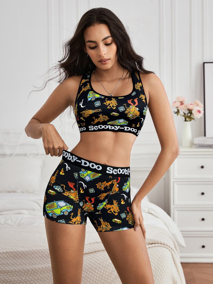 SCOOBY-DOO X SHEIN Set Pakaian Dalam Wanita Motif Huruf & Kartun, Bra Leher Bulat dan Celana Pendek, Set Boxer dan Bra 2 Potong, Set Pendek Wanita 2 Potong, Set 2 Potong Celana Pendek dan Atasan - Hitam - View 1