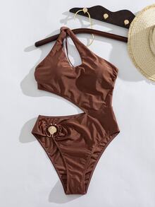 Swim Chiccia 成熟優雅度假旅行風深褐色珍珠光澤面料單肩扭轉不對稱鏤空設計貝殼金屬扣飾一件式泳衣 成熟優雅風格夏季度假海灘旅行慵懶氛圍青春感放鬆優雅小眾出片海灘穿搭溫柔慵懶氛圍高級感慵懶度假風成熟優雅優雅海灘穿搭溫柔氛圍 - 棕色 - 查看 5